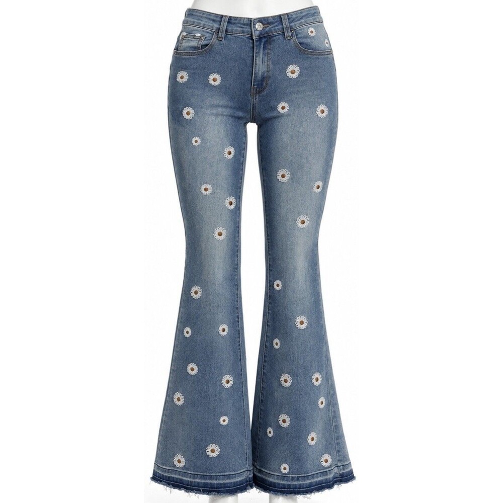 Anna-Kaci Daisy Embroidered Bell Bottom Jeans Womens S Mid Rise Boho Hippie Y2K